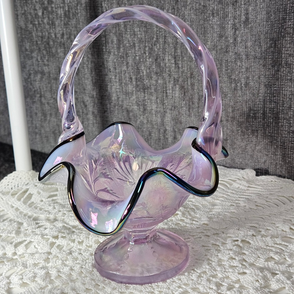 Fenton Iridescent Pink Basket Carnival Crest Signed 7"